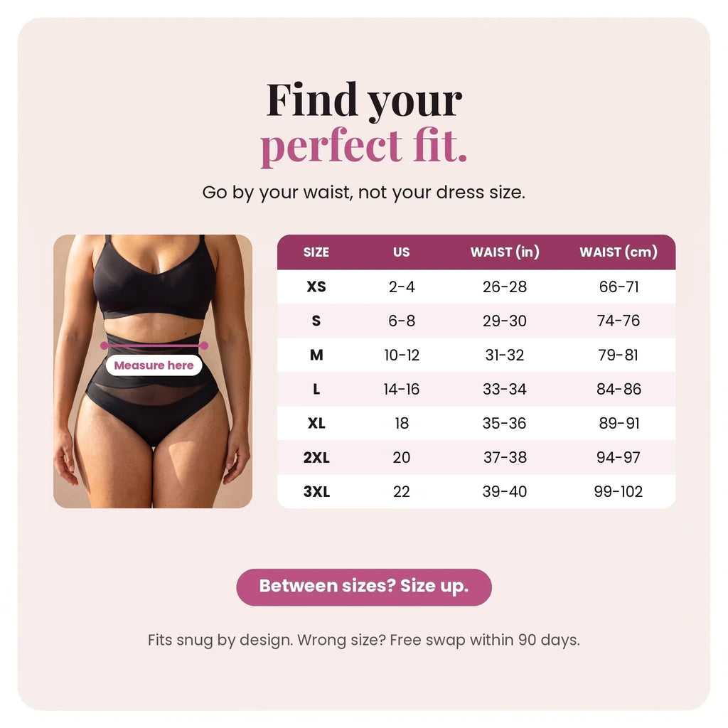 Ukola Sculpt Brief size chart: waist in inches and cm, XS to 3XL